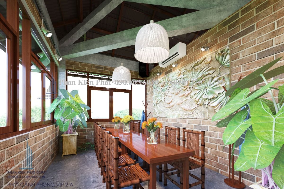Phối cảnh thiết kế nội thất tầng 2 nhà hàng Thuần Việt góc 4