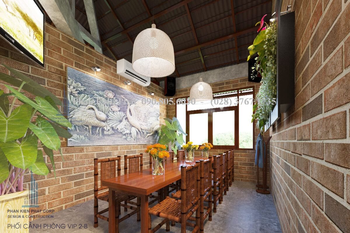 Phối cảnh thiết kế nội thất tầng 2 nhà hàng Thuần Việt góc 5