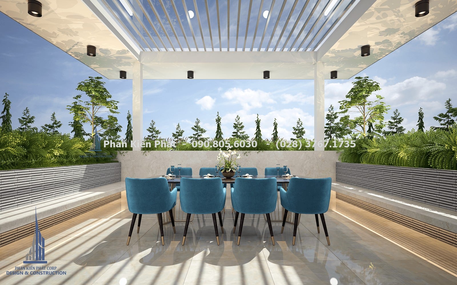 Thiết kế phòng ăn trên sân thượng, cây cảnh được bao quanh tạo cảm giác mát mẻ góc 1
