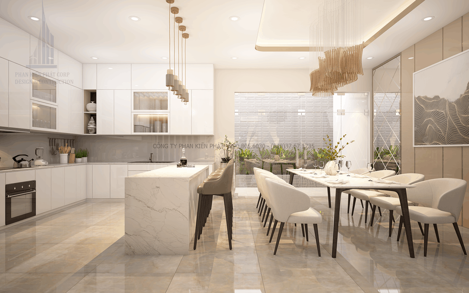 Thiết kế nội thất phòng ăn cùng không gian bếp hiện đại