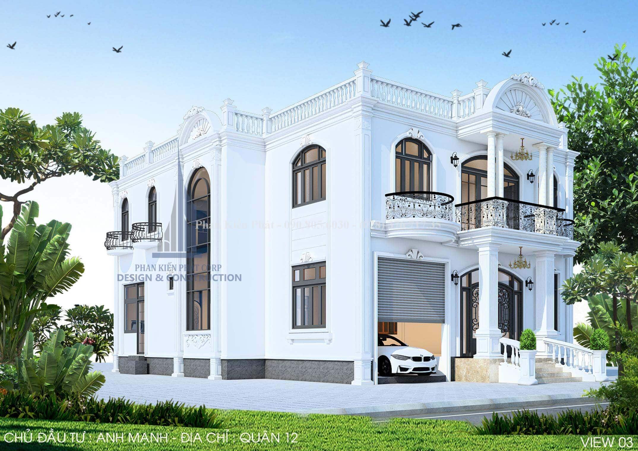 Mẫu biệt thự bán cổ điển đẹp với tông màu trắng làm chủ đạo của mẫu thiết kế biệt thự bán cổ điển