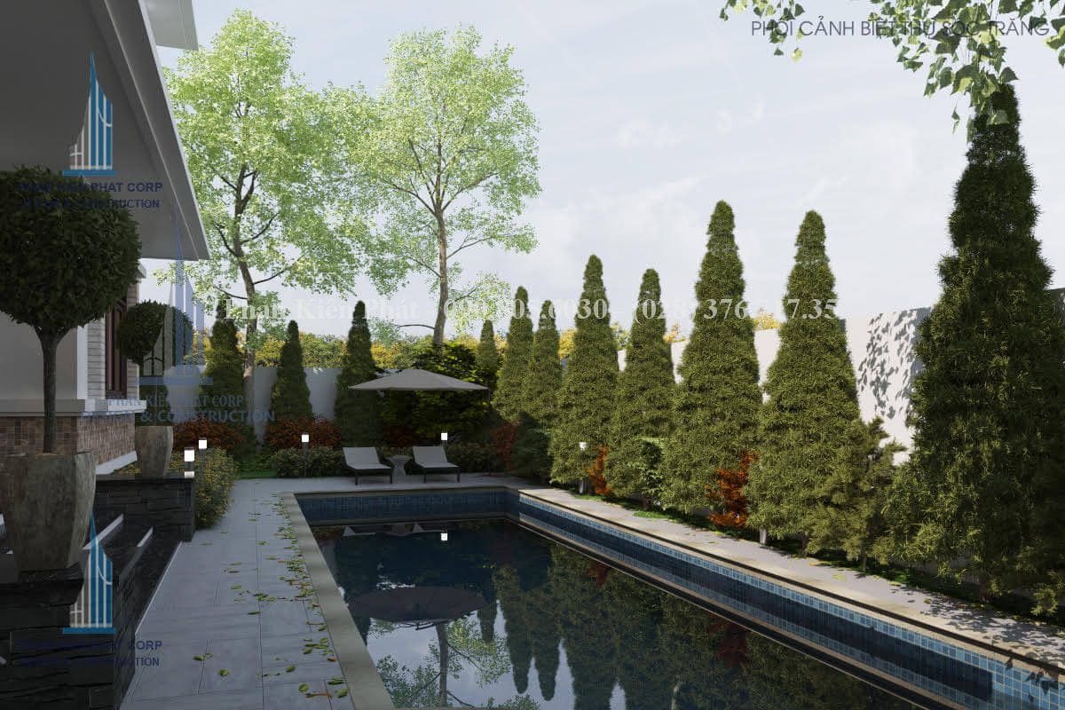 Hồ bơi ở mẫu nhà biệt thự vườn 2 tầng mái thái hiện đại